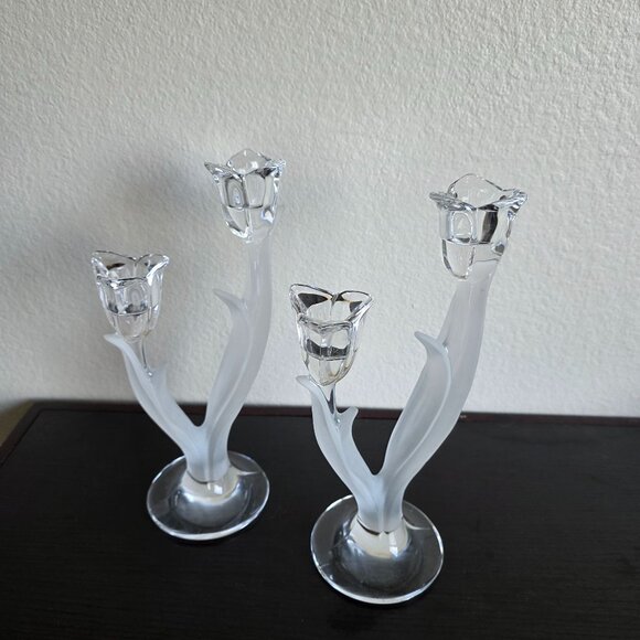 2 Mikasa Spring Aria 10" Tall Double Tulip Candle Holders Clear & Frosted Glass - Picture 1 of 11